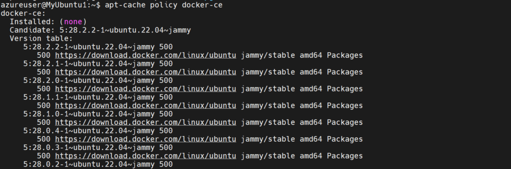 Install Docker in Ubuntu: Output of apt-cache policy docker-ce
