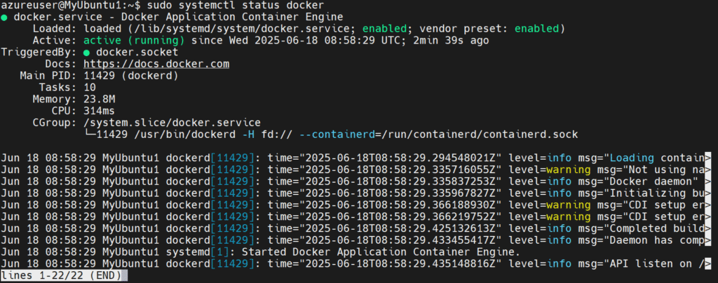 Install Docker in Ubuntu: Output of Docker is Running